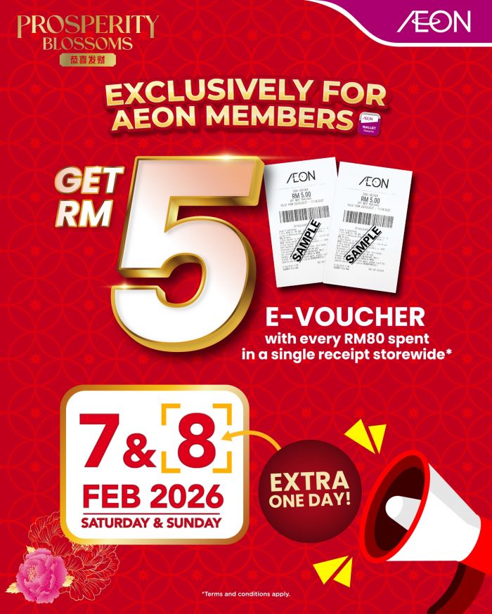 AEON CNY Promotion: Free RM5 E-Voucher for Members | 7-8 February 2026 AEON CNY Promotion: Free RM5 E-Voucher for Members | 7-8 February 2026