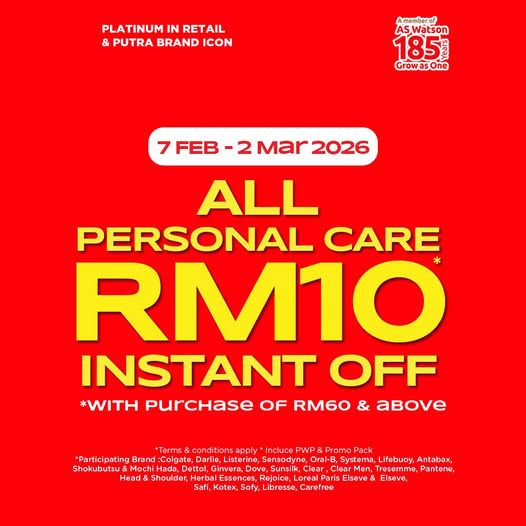 Watsons Personal Care Promotion: RM10 Instant Off | 7 February - 2 March 2026 Watsons Personal Care Promotion: RM10 Instant Off | 7 February - 2 March 2026