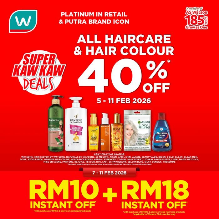 Watsons Sale: 40% OFF All Haircare & Hair Colour | 5 - 11 February 2026 Watsons Sale: 40% OFF All Haircare & Hair Colour | 5 - 11 February 2026