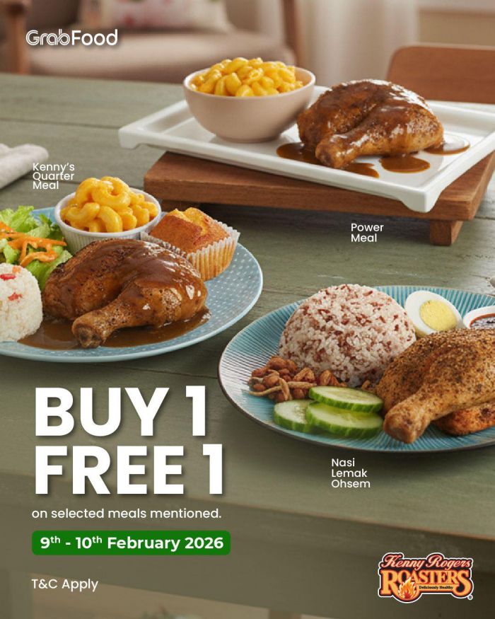Kenny Rogers ROASTERS Buy 1 Free 1 on GrabFood: Kenny's Quarter Meal & Nasi Lemak Ohsem | 9-10 February 2026 Kenny Rogers ROASTERS Buy 1 Free 1 on GrabFood: Kenny's Quarter Meal & Nasi Lemak Ohsem | 9-10 February 2026