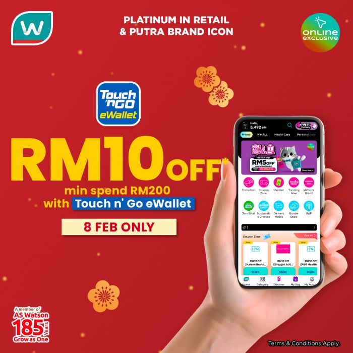 Watsons Touch 'n Go eWallet Promotion: RM10 OFF Voucher | 8 February 2026 Watsons Touch 'n Go eWallet Promotion: RM10 OFF Voucher | 8 February 2026