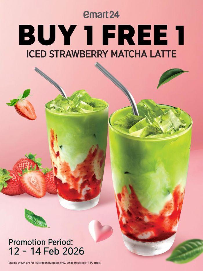 emart24 Buy 1 Free 1 Promotion: Iced Strawberry Matcha Latte | 12 - 14 Feb 2026 emart24 Buy 1 Free 1 Promotion: Iced Strawberry Matcha Latte | 12 - 14 Feb 2026