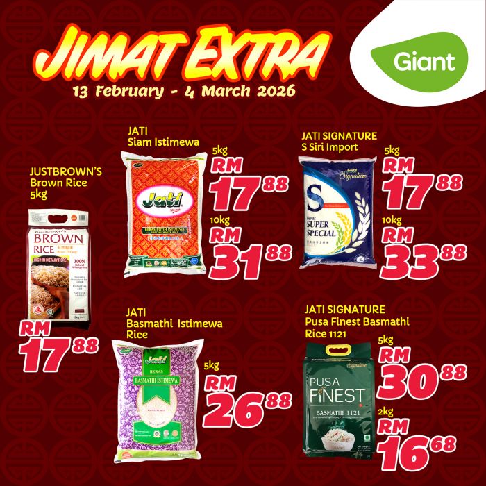 Giant Rice Promotion: Jimat Extra Deals on Jati & Brown Rice | 13 Feb - 4 Mar 2026 Giant Rice Promotion: Jimat Extra Deals on Jati & Brown Rice | 13 Feb - 4 Mar 2026