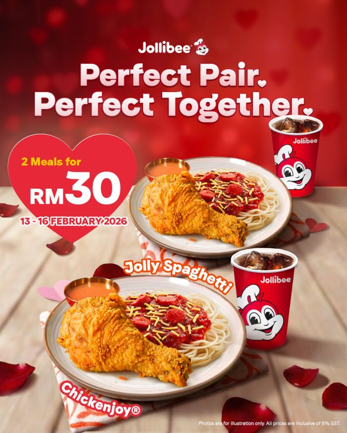Jollibee Valentine's Promotion: 2 Meals for RM30 (Chickenjoy & Jolly Spaghetti) | 13-16 February 2026 Jollibee Valentine's Promotion: 2 Meals for RM30 (Chickenjoy & Jolly Spaghetti) | 13-16 February 2026