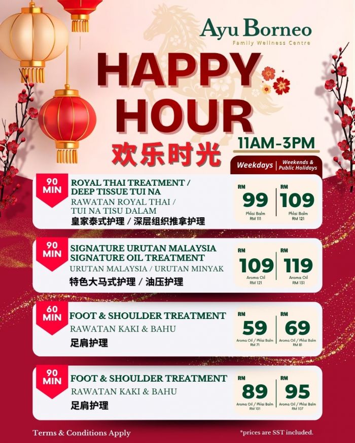 Ayu Borneo Promotion: Happy Hour Massage Deals from RM59 | 11AM - 3PM Daily Ayu Borneo Promotion: Happy Hour Massage Deals from RM59 | 11AM - 3PM Daily