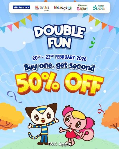 Kidzooona & Participating Brands Double Fun Promotion: Buy 1 Get 2nd 50% OFF | 20-22 February 2026 Kidzooona & Participating Brands Double Fun Promotion: Buy 1 Get 2nd 50% OFF | 20-22 February 2026