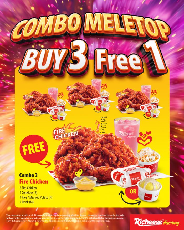 Richeese Factory Combo Meletop Promotion: Buy 3 Free 1 Fire Chicken | Feb 2026 Richeese Factory Combo Meletop Promotion: Buy 3 Free 1 Fire Chicken | Feb 2026