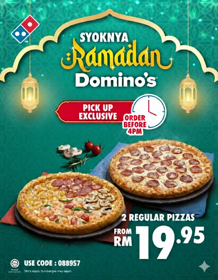 Domino's Pizza Syoknya Ramadan Promotion: 2 Regular Pizzas from RM19.95 Domino's Pizza Syoknya Ramadan Promotion: 2 Regular Pizzas from RM19.95