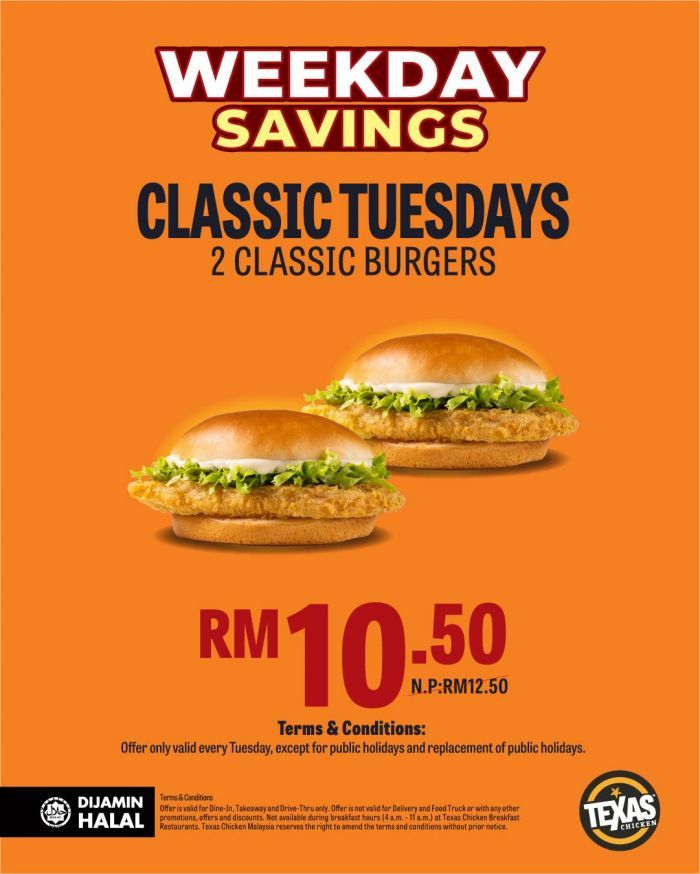 Texas Chicken Promotion: Classic Tuesdays 2 Burgers RM10.50 | 3 Mar 2026 Texas Chicken Promotion: Classic Tuesdays 2 Burgers RM10.50 | 3 Mar 2026