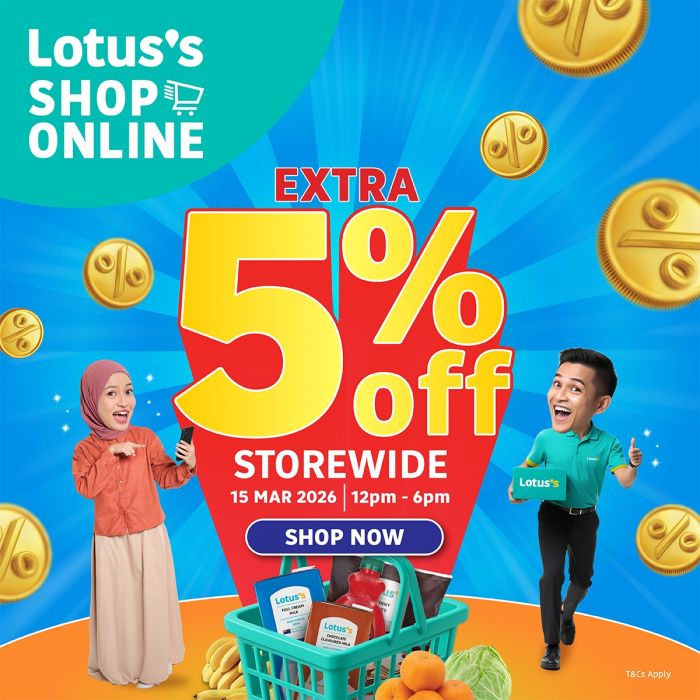 Lotus's Promotion: Extra 5% Off Storewide Flash Sale | 15 March 2026 Lotus's Promotion: Extra 5% Off Storewide Flash Sale | 15 March 2026