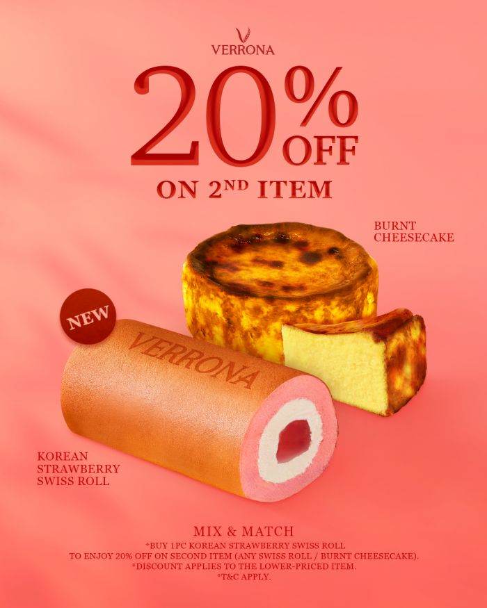 Verrona Promotion: 20% OFF 2nd Item - Korean Strawberry Swiss Roll | Until 18 Apr 2026 Verrona Promotion: 20% OFF 2nd Item - Korean Strawberry Swiss Roll | Until 18 Apr 2026