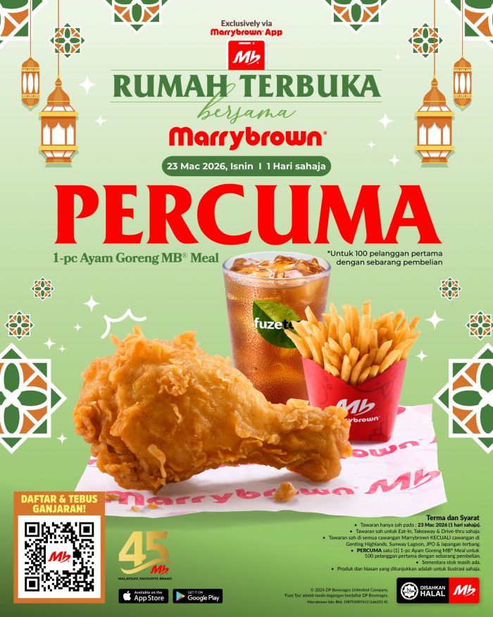 Marrybrown Raya Open House: Free 1-pc Ayam Goreng MB Meal | 23 March 2026 Marrybrown Raya Open House: Free 1-pc Ayam Goreng MB Meal | 23 March 2026