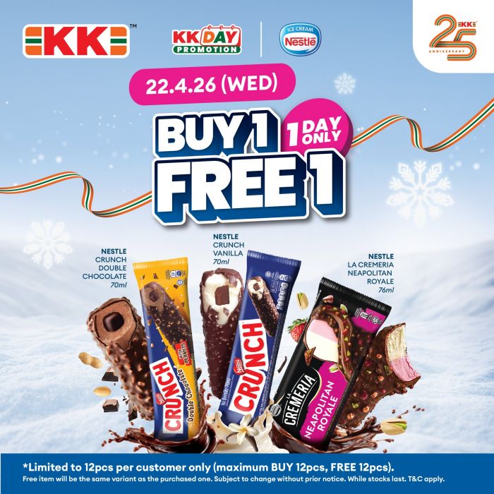 KK Super Mart Buy 1 Free 1 Ice Cream: KK Day Promotion - 1 Day Only Nestle Ice Cream Deal | 22 Apr 2026 KK Super Mart Buy 1 Free 1 Ice Cream: KK Day Promotion - 1 Day Only Nestle Ice Cream Deal | 22 Apr 2026