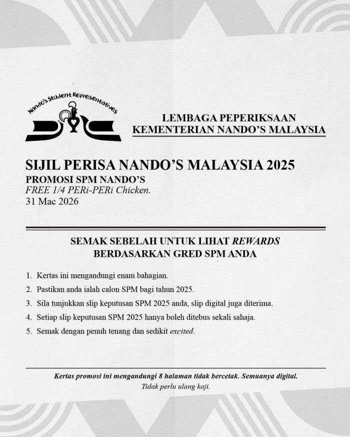 Nando's SPM Result Promotion: FREE 1/4 PERi-PERi Chicken | 31 March 2026 Nando's SPM Result Promotion: FREE 1/4 PERi-PERi Chicken | 31 March 2026