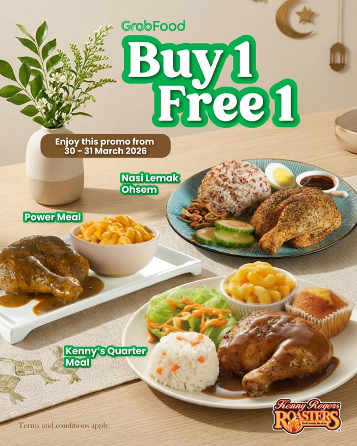 Kenny Rogers ROASTERS Buy 1 Free 1 @ GrabFood: Delivery Promo - Buy 1 Free 1 | 30-31 March 2026 Kenny Rogers ROASTERS Buy 1 Free 1 @ GrabFood: Delivery Promo - Buy 1 Free 1 | 30-31 March 2026