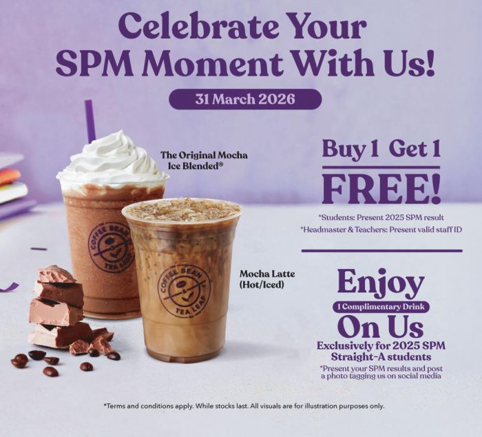 The Coffee Bean & Tea Leaf SPM Result Promotion: Buy 1 Free 1 & Complimentary Drink | 31 March 2026 The Coffee Bean & Tea Leaf SPM Result Promotion: Buy 1 Free 1 & Complimentary Drink | 31 March 2026