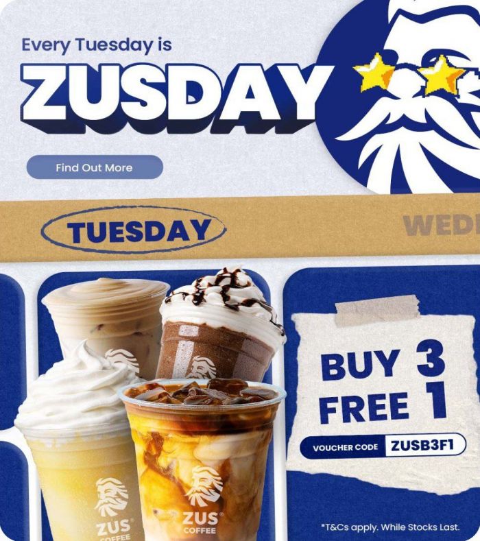 ZUS Coffee Tuesday Promotion: ZUSDAY - Buy 3 Free 1 | 31 March 2026 ZUS Coffee Tuesday Promotion: ZUSDAY - Buy 3 Free 1 | 31 March 2026