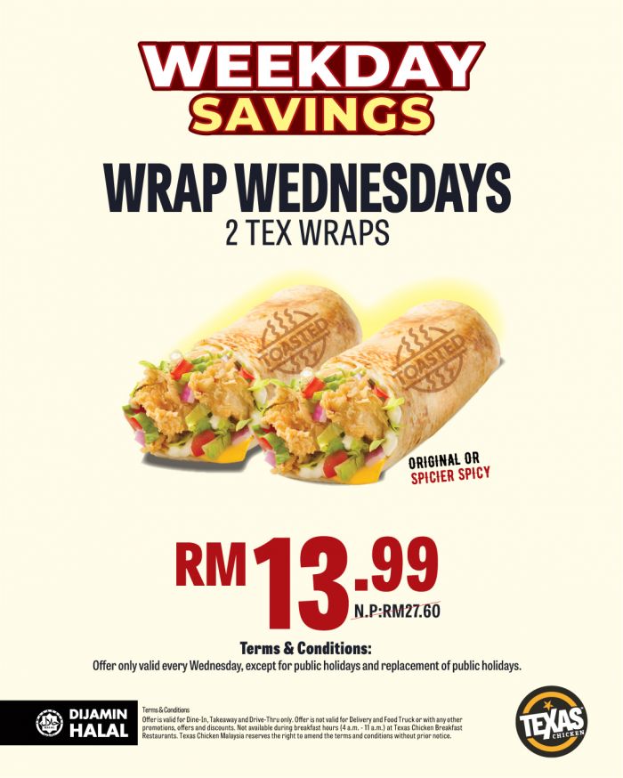 Texas Chicken Wednesday Promotion: Wrap Wednesdays - 2 Tex Wraps for RM13.99 | 1 April 2026 Texas Chicken Wednesday Promotion: Wrap Wednesdays - 2 Tex Wraps for RM13.99 | 1 April 2026