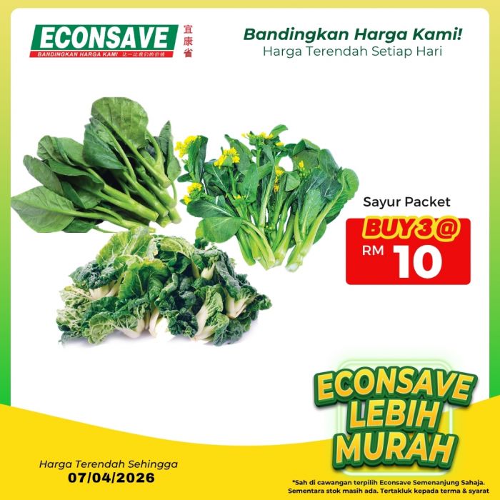 Econsave Lebih Murah Promotion: Harga Terendah Setiap Hari - Sayur Buy 3 @ RM10 | Until 7 April 2026 Econsave Lebih Murah Promotion: Harga Terendah Setiap Hari - Sayur Buy 3 @ RM10 | Until 7 April 2026