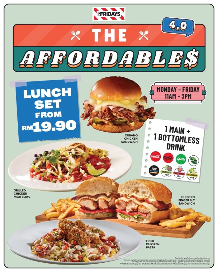 TGI Fridays Lunch Set Menu: The Affordable$ Lunch 4.0 - 1 Main + 1 Bottomless Drink from RM19.90 TGI Fridays Lunch Set Menu: The Affordable$ Lunch 4.0 - 1 Main + 1 Bottomless Drink from RM19.90