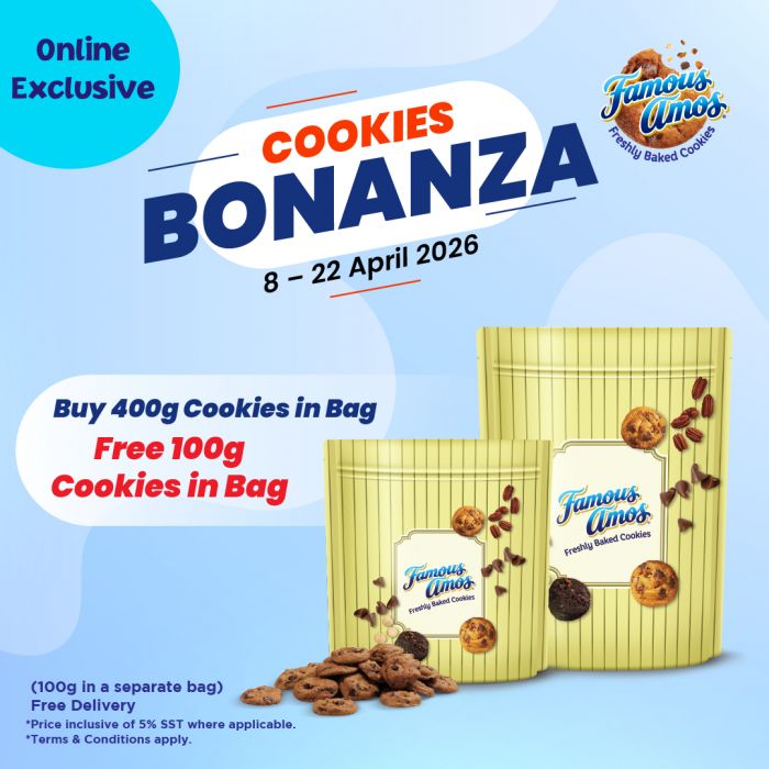 Famous Amos Promotion: Cookies Bonanza - Buy 400g FREE 100g & Free Delivery | 8 - 22 April 2026 Famous Amos Promotion: Cookies Bonanza - Buy 400g FREE 100g & Free Delivery | 8 - 22 April 2026