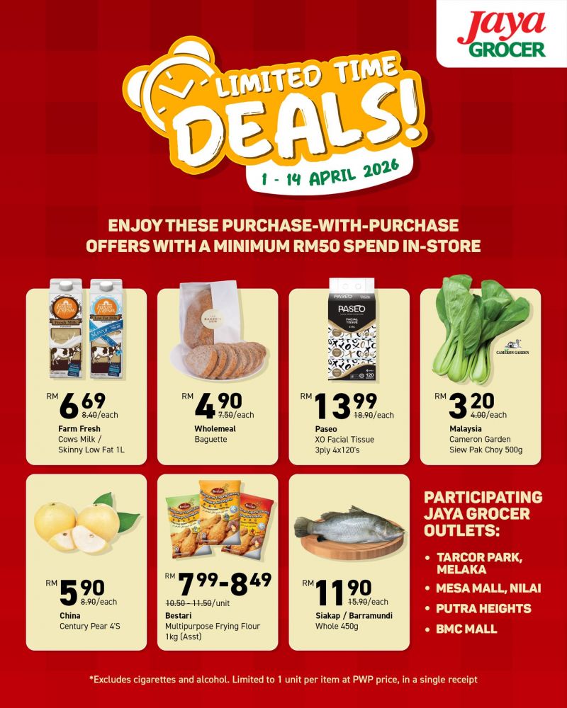 Jaya Grocer Promotion: Limited Time Deals - PWP Offers with Min RM50 Spend | 1 - 14 April 2026 Jaya Grocer Promotion: Limited Time Deals - PWP Offers with Min RM50 Spend | 1 - 14 April 2026