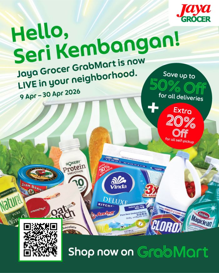 Jaya Grocer GrabMart Seri Kembangan Promotion: Grand Opening - Up to 50% OFF + Extra 20% OFF | 9 - 30 April 2026 Jaya Grocer GrabMart Seri Kembangan Promotion: Grand Opening - Up to 50% OFF + Extra 20% OFF | 9 - 30 April 2026