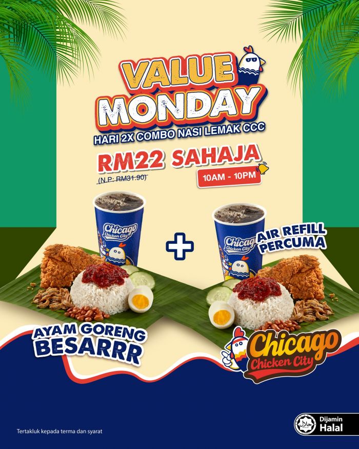 Chicago Chicken City Monday Promotion: Value Monday - 2 Nasi Lemak Combo for RM22 | 13 April 2026 Chicago Chicken City Monday Promotion: Value Monday - 2 Nasi Lemak Combo for RM22 | 13 April 2026