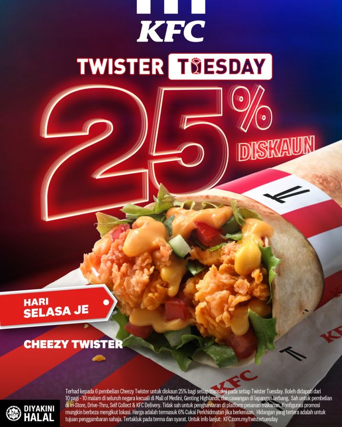 KFC Tuesday Promotion: Twister Tuesday - 25% OFF Cheezy Twister | 14 April 2026 KFC Tuesday Promotion: Twister Tuesday - 25% OFF Cheezy Twister | 14 April 2026