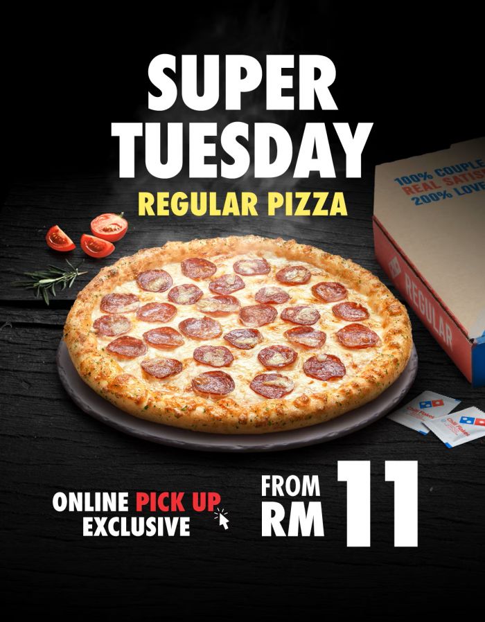 Domino's Pizza Tuesday Promotion: Super Tuesday - RM11 Regular Pizza | 14 April 2026 Domino's Pizza Tuesday Promotion: Super Tuesday - RM11 Regular Pizza | 14 April 2026