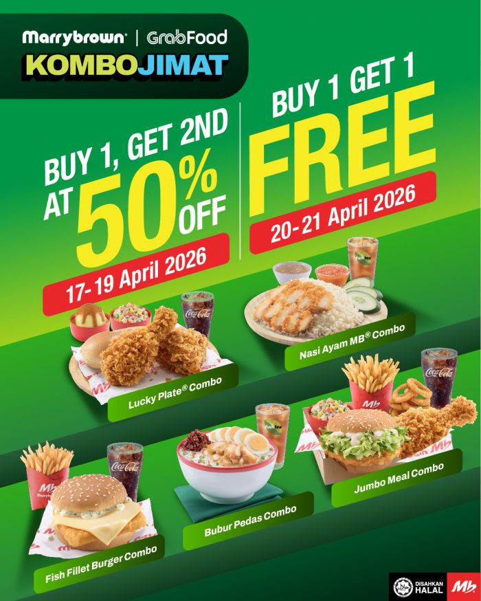 Marrybrown GrabFood Promotion: Kombo Jimat - Buy 1 Free 1 & 50% OFF | 17 - 21 Apr 2026 Marrybrown GrabFood Promotion: Kombo Jimat - Buy 1 Free 1 & 50% OFF | 17 - 21 Apr 2026