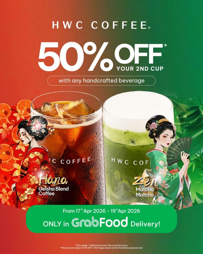 HWC Coffee GrabFood Promotion: 50% OFF Your 2nd Cup - Any Handcrafted Beverage | 17-19 April 2026 HWC Coffee GrabFood Promotion: 50% OFF Your 2nd Cup - Any Handcrafted Beverage | 17-19 April 2026