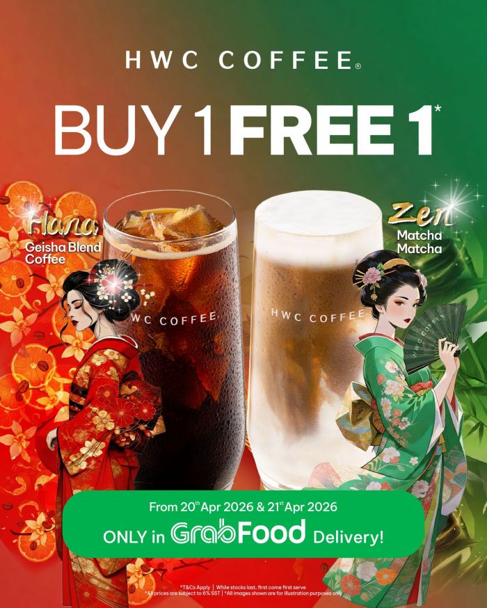 HWC Coffee GrabFood Buy 1 Free 1 Promotion: Premium Coffee & Matcha - Buy 1 Free 1 | 20-21 Apr 2026 HWC Coffee GrabFood Buy 1 Free 1 Promotion: Premium Coffee & Matcha - Buy 1 Free 1 | 20-21 Apr 2026