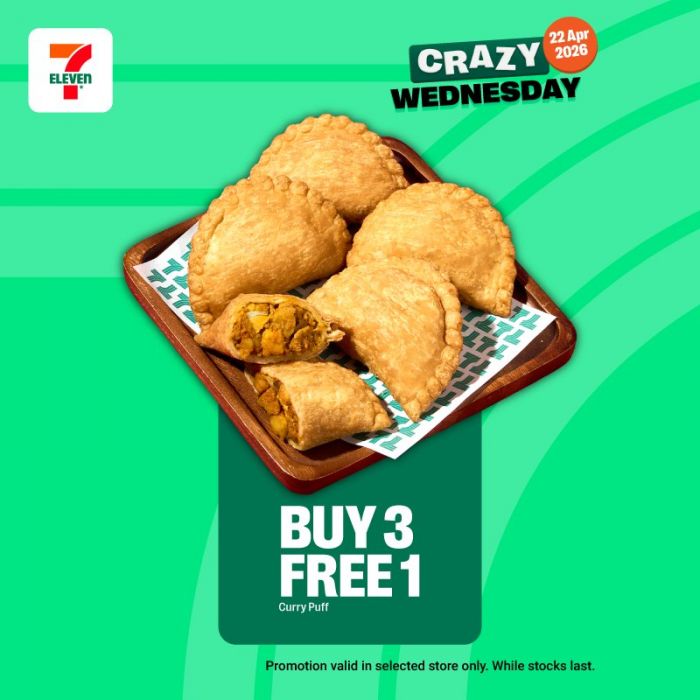 7-Eleven Crazy Wednesday Promotion: Buy 1 Free 1 Cake & Buy 3 Free 1 Curry Puff | 22 April 2026 7-Eleven Crazy Wednesday Promotion: Buy 1 Free 1 Cake & Buy 3 Free 1 Curry Puff | 22 April 2026