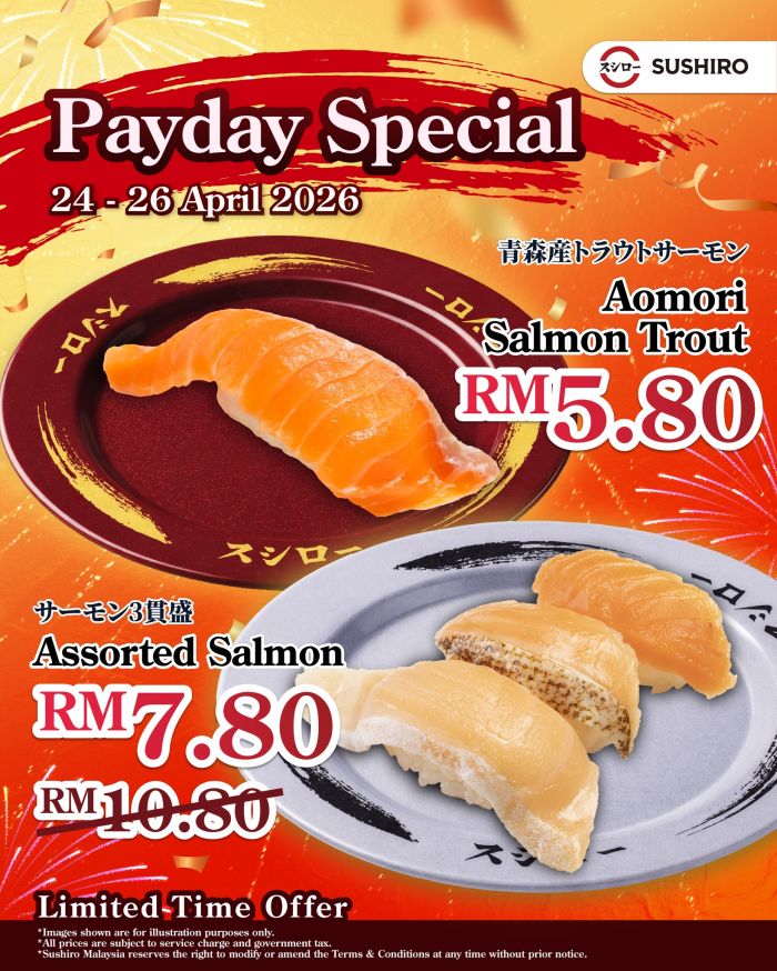 Sushiro Payday Promotion: Assorted Salmon at RM7.80 - Save RM3 | 24 - 26 April 2026 Sushiro Payday Promotion: Assorted Salmon at RM7.80 - Save RM3 | 24 - 26 April 2026