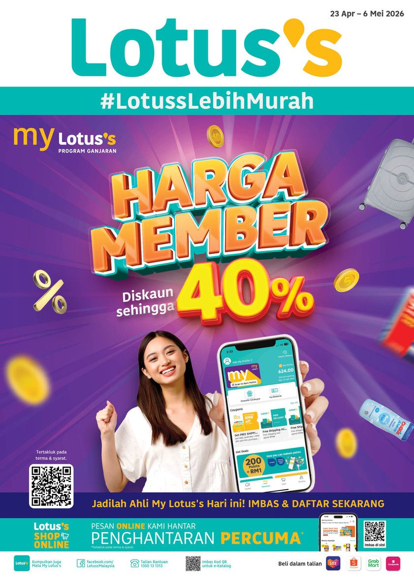 Lotus's Promotion: Harga Member Sale - Up to 70% OFF & Buy 1 Free 1 | 23 Apr - 6 May 2026 Lotus's Promotion: Harga Member Sale - Up to 70% OFF & Buy 1 Free 1 | 23 Apr - 6 May 2026