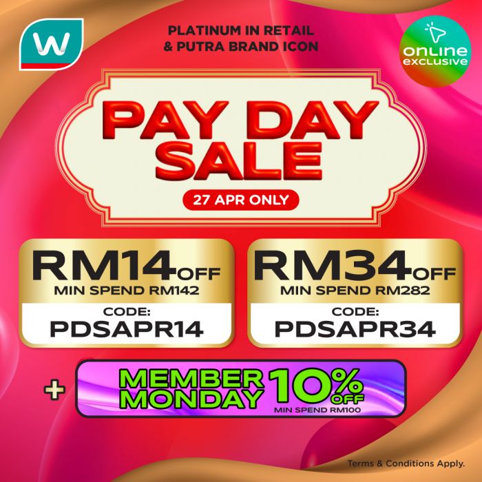 Watsons Promotion: Payday Sale - Up to RM34 OFF + 10% Member Discount! | 27 April 2026 Watsons Promotion: Payday Sale - Up to RM34 OFF + 10% Member Discount! | 27 April 2026