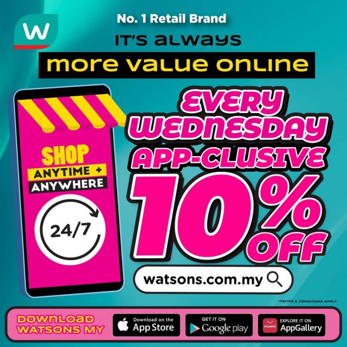 Watsons Online Wednesday App-clusive Promotion Extra 10% OFF (every Wednesday)