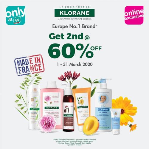 Watsons Online Klorane Products Sale 2nd Item 60% OFF (valid until 31 Mar 2020)