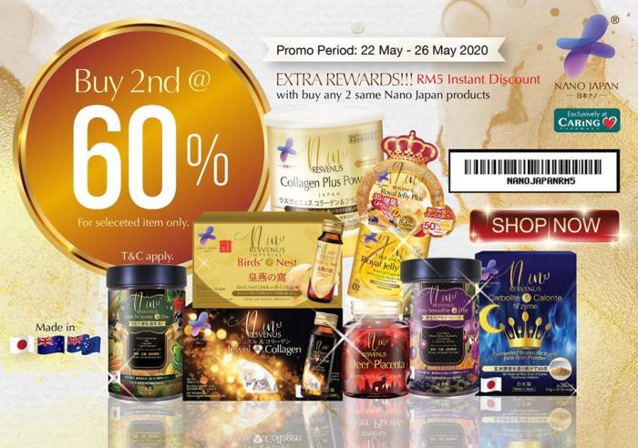Caring Pharmacy Nano Japan 2nd Item @ 60% OFF Promotion (22 May 2020 - 26 May 2020)