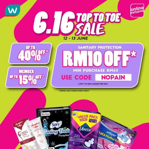 Watsons Online 6.16 Sanitary Protection Products Promotion RM10 OFF (12 Jun 2020 - 13 Jun 2020)