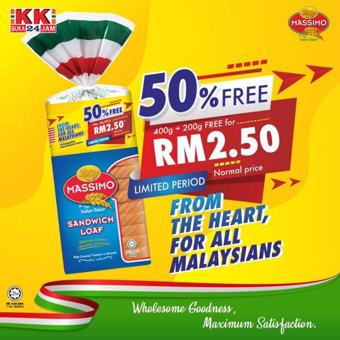 KK Super Mart Massimo Sandwich Loaf Merdeka Promotion Extra 50% FREE Sandwich Loaf (15 Aug 2020 - 31 Aug 2020)