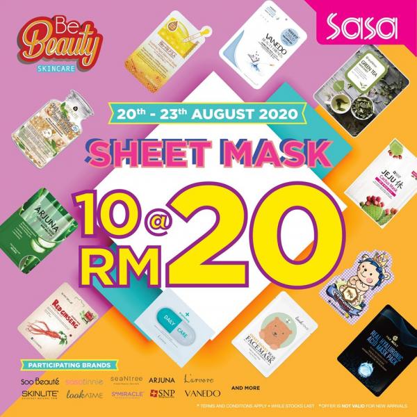 Sasa Sheet Mask 10 @ RM20 Promotion (20 Aug 2020 - 23 Aug 2020)