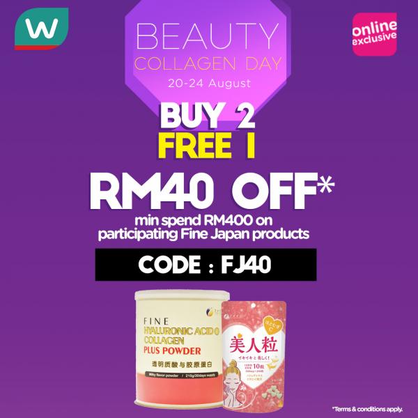 Watsons Fine Japan Beauty Collegen Day Online Sale RM40 OFF Promo Code (20 Aug 2020 - 24 Aug 2020)