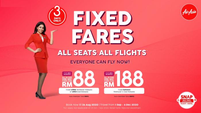 AirAsia Fixed Fares Promotion As Low As RM88 (24 Aug 2020 - 26 Aug 2020)
