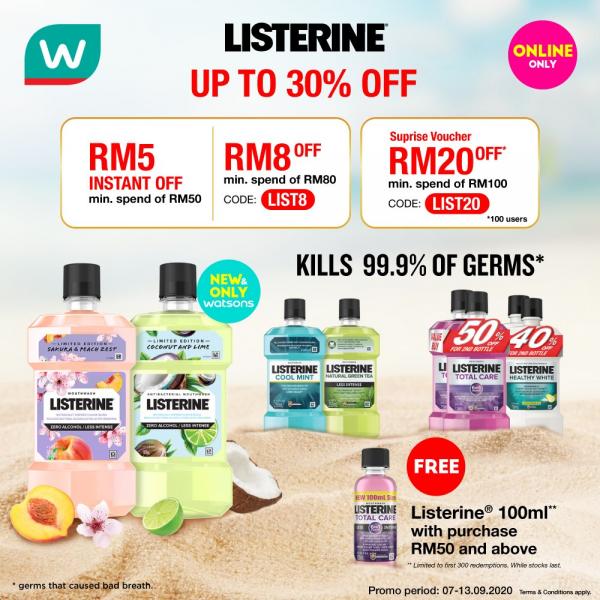 Watsons Listerine Oral Care Online Sale Up To 30% OFF & FREE Promo Code (7 Sep 2020 - 13 Sep 2020)