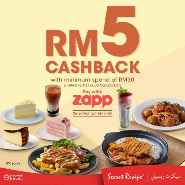 Secret Recipe RM5 Cash Back Promotion pay with Zapp (21 Sep 2020 - 31 Oct 2020)