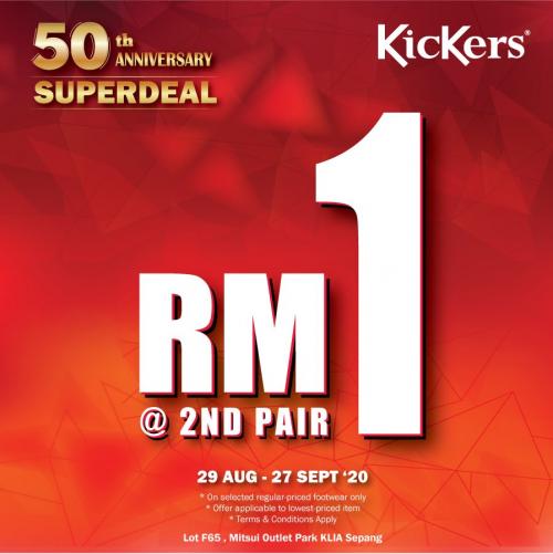 Kickers 50th Anniversary Super Deal Sale 2nd Pair @ RM1 at Mitsui Outlet Park (valid until 27 Sep 2020)