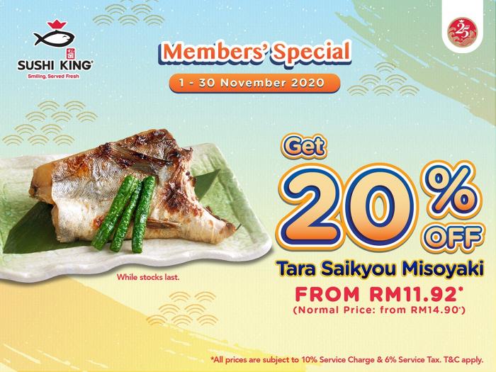 Sushi King Members Promotion Tara Saikyou Misoyaki 20% OFF (1 Nov 2020 - 30 Nov 2020)