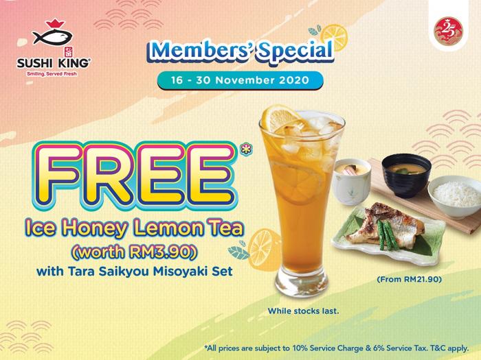 Sushi King Members Promotion FREE Ice Honey Lemon Tea (16 Nov 2020 - 30 Nov 2020)